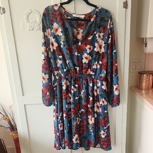 JustFab Floral Long Sleeve Dress in Blue and Red